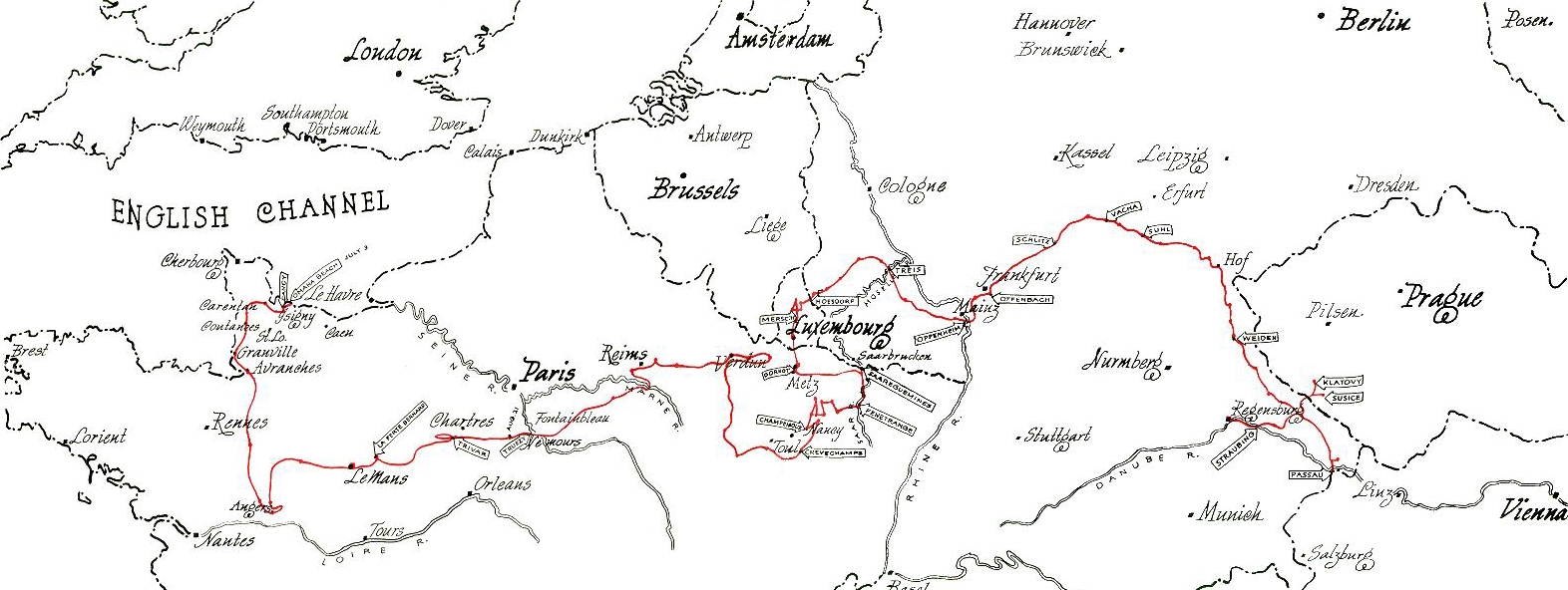 Map of the Route the 150th Took in W.W. II